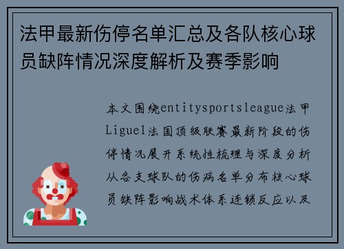 法甲最新伤停名单汇总及各队核心球员缺阵情况深度解析及赛季影响
